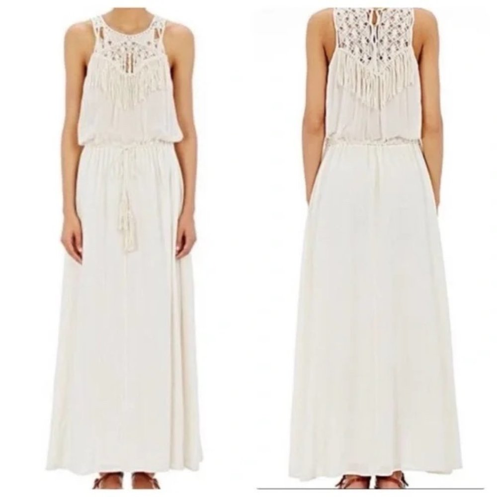 Ulla Johnson Ivory Fringe Crochet Macrame Neck Maxi Dress